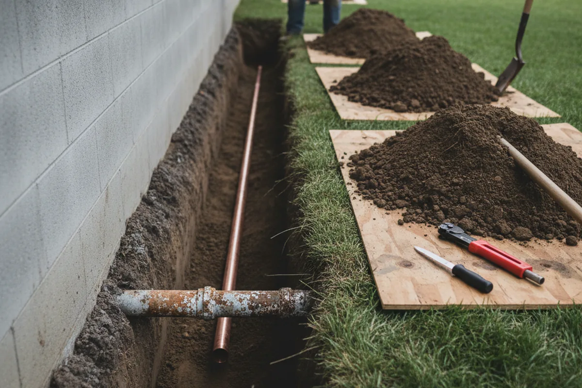 Excavated water line trench during Water Heater Repair in Missoula